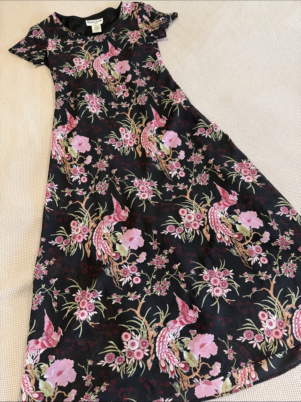 Ronni Nicole Black Maxi Dress with Pink Floral & Bird Print